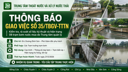 THÔNG BÁO GIAO VIỆC SỐ 35/TBGV-TTTNVề việc kiểm tra, rà soát số liệu kỹ thuật và hiện trạng các trạm bơm nước mưa do Trung tâm quản lý