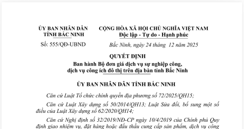 Quyết định số 555/QĐ-UBND ngày 24/12/2025 Về Ban hành Bộ đơn giá dịch vụ sự nghiệp công, dịch vụ công ích đô thị trên địa bàn tỉnh Bắc Ninh