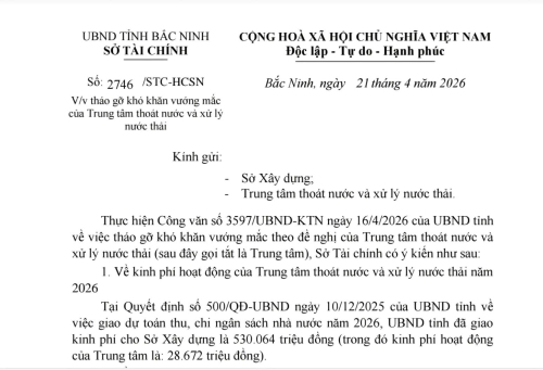 Công văn số 2746/STC-HCSN ngày 21/4/2026 của Sở Tài chinh V/v tháo gỡ khó khăn vướng mắc của Trung tâm thoát nước và xử lý nước thải