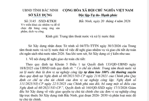 Công văn số 3145/SXD-KTKH ngày 20/4/2026 của Sở Xây dựng V/v triển khai các nhiệm vụ để tổ chức đặt hàng cung ứng sản phẩm, dịch vụ công.