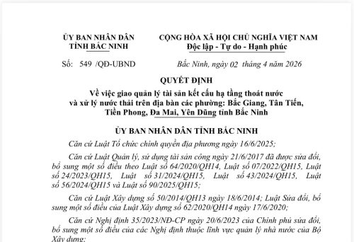 Quyết định 549/QĐ-UBND ngày 2/4/2026 Về việc giao quản lý tài sản kết cấu hạ tầng thoát nước và xử lý nước thải trên địa bàn các phường: Bắc Giang, Tân Tiến, Tiền Phong, Đa Mai, Yên Dũng tỉnh Bắc Ninh